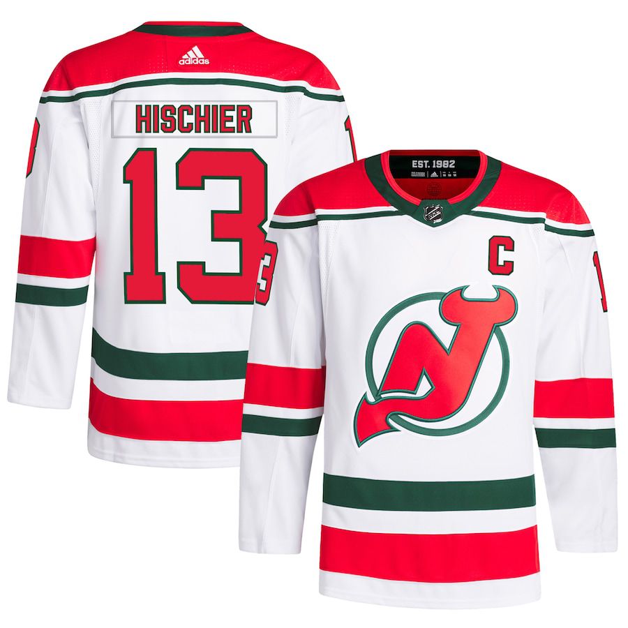 Men New Jersey Devils 13 Nico Hischier adidas White 2022-23 Heritage Primegreen Authentic Pro NHL Jersey